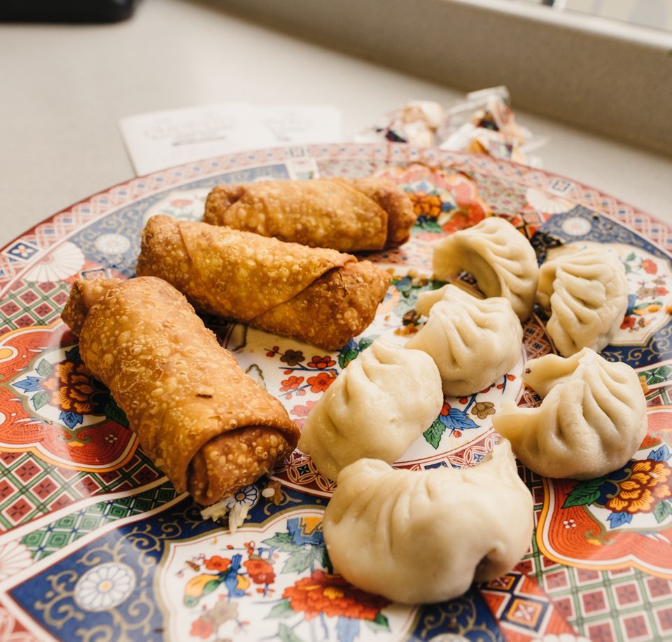 Dumplings and fried rolls arranged on a patterned serving platter.
