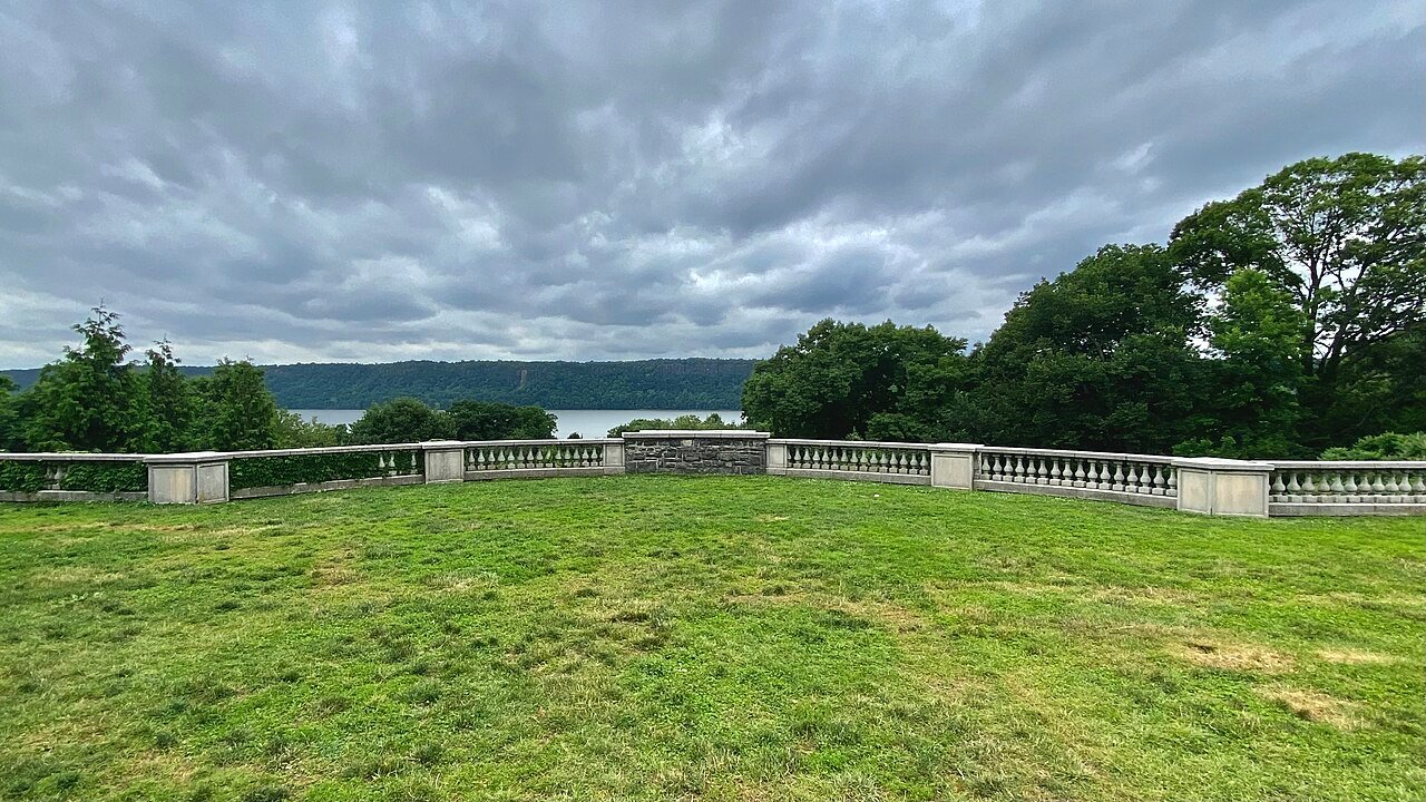Hudson River and the Palisades seen beyond the lawn at Wave Hill.