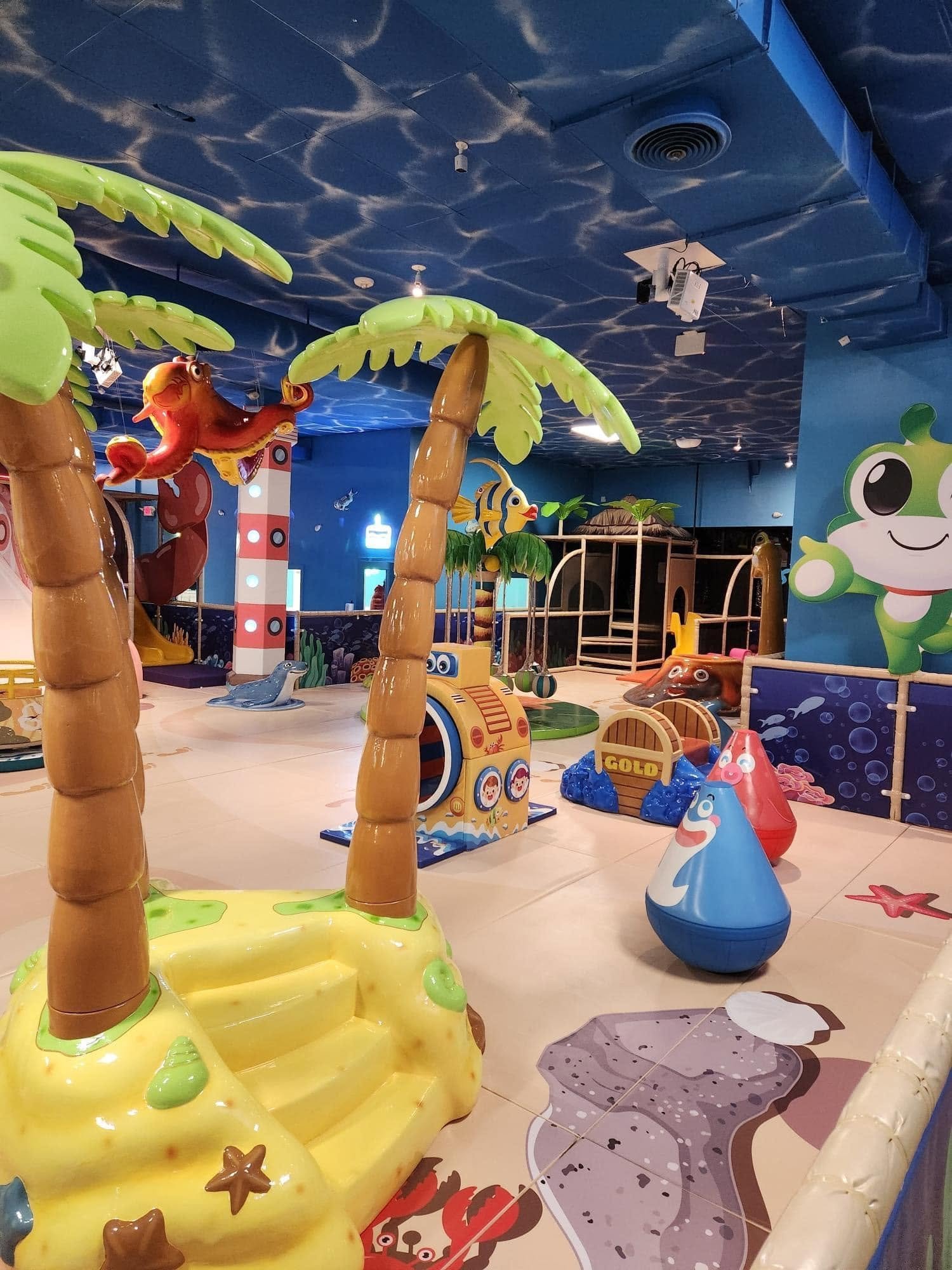 Colorful indoor play structures at Catch Air Paramus.