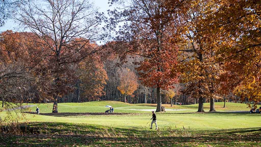 Golfers on a green surrounded by trees at Valley Brook Golf Course.
