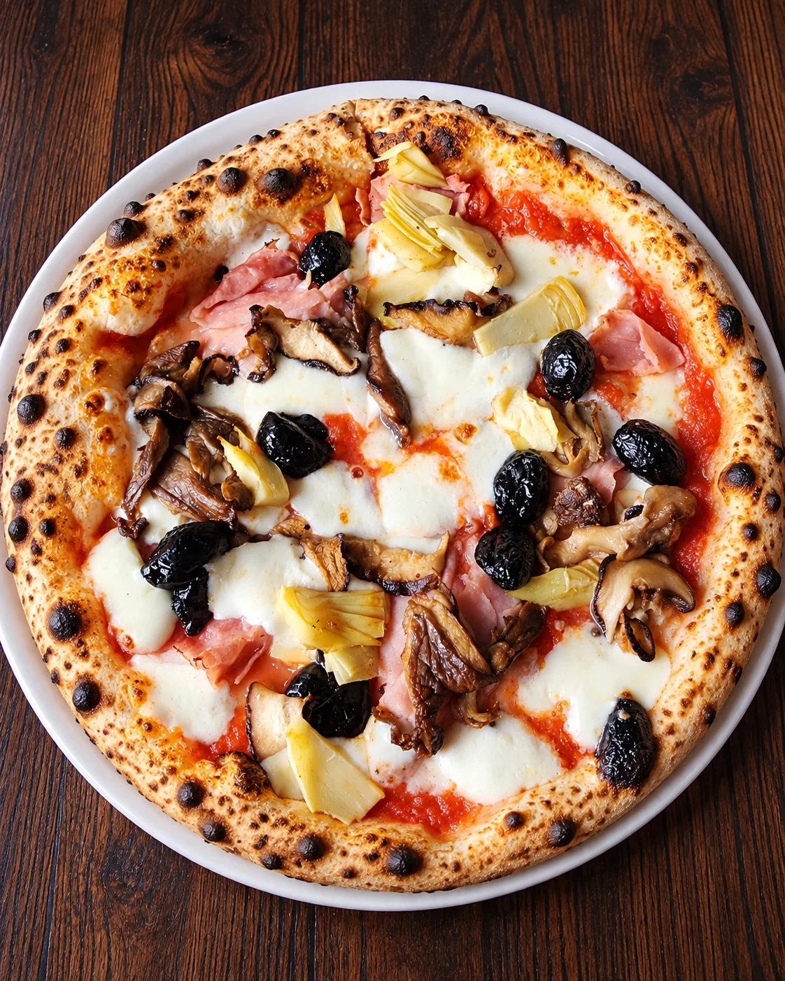 Pizza at S.Egidio in Ridgewood, topped with mozzarella, ham, mushrooms, artichokes and black olives.