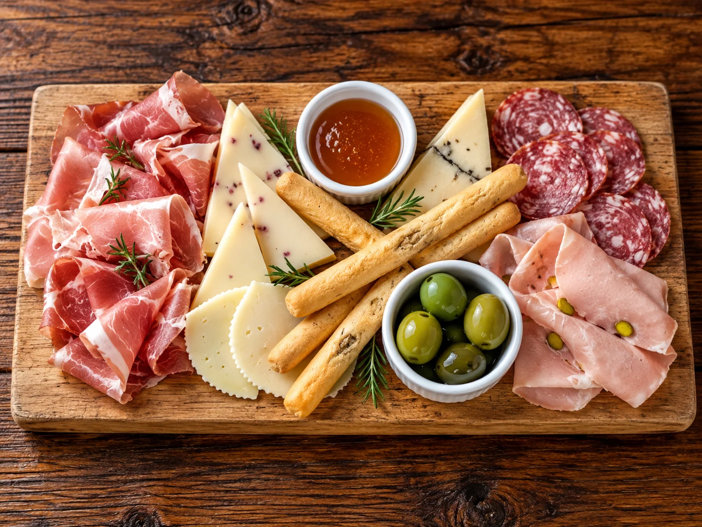 Antipasto at S.Egidio in Ridgewood: cured meats, cheeses, breadsticks, olives and honey on a wooden board.