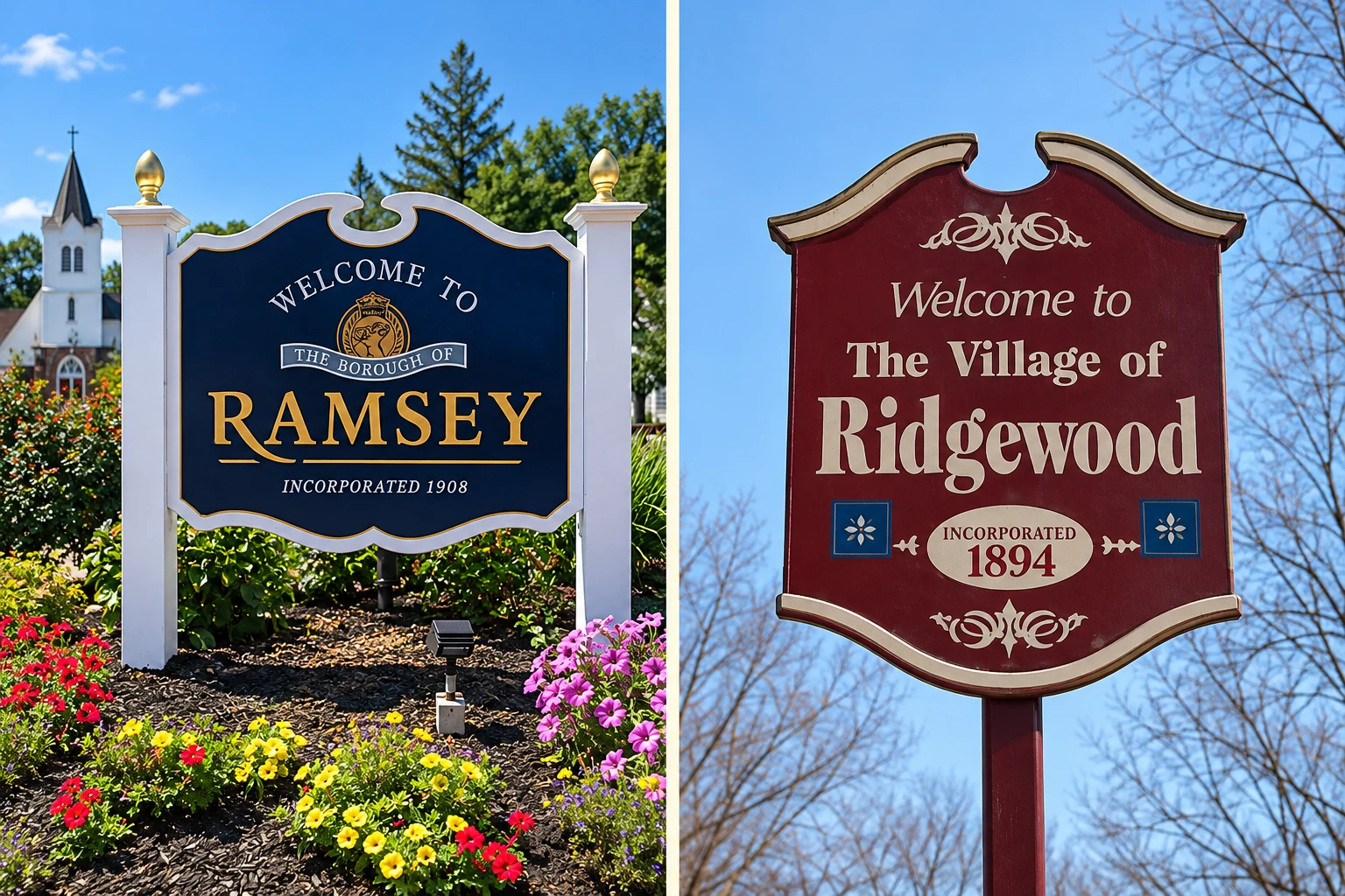 Side-by-side Ramsey and Ridgewood welcome signs in an AI-assisted editorial composite.
